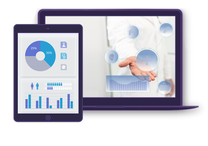 Healthcare analytics platform displayed on a laptop and tablet, featuring medical dashboards, charts, and interactive data visualizations.