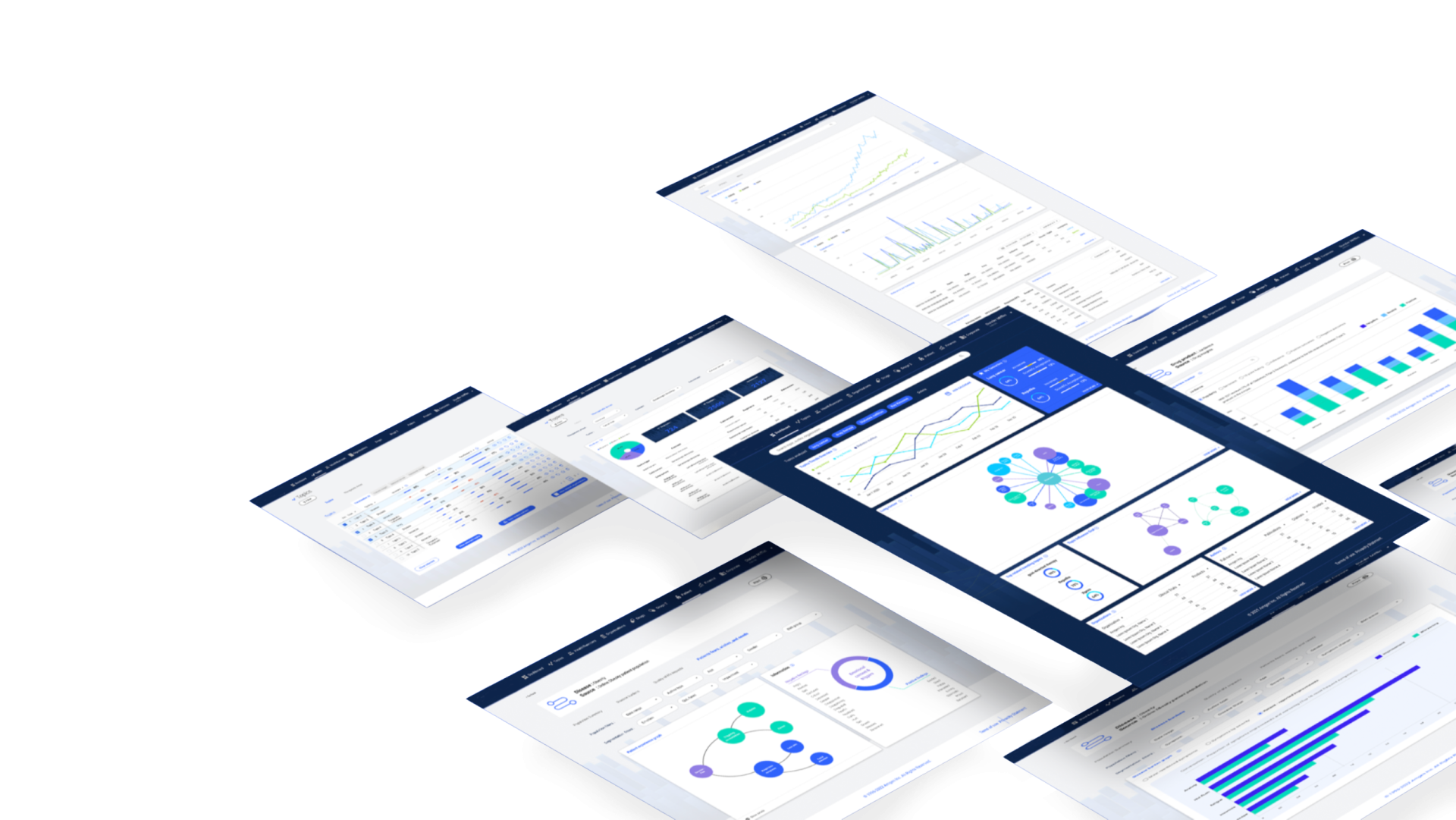 Collection of analytics dashboards displaying data visualizations, charts, reports, and network graphs across multiple platform screens.