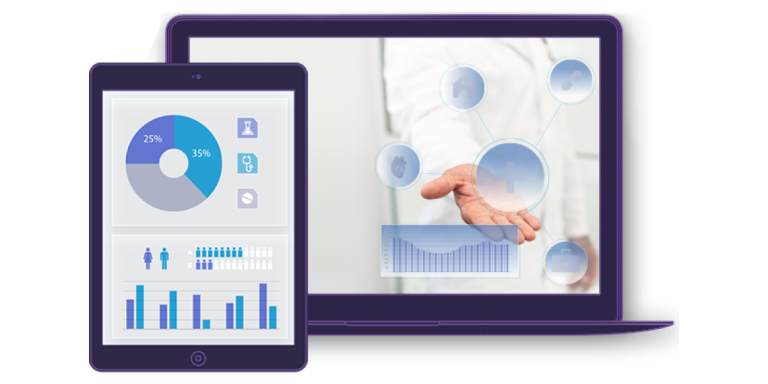 Healthcare analytics platform displayed on a laptop and tablet, featuring medical dashboards, charts, and interactive data visualizations.
