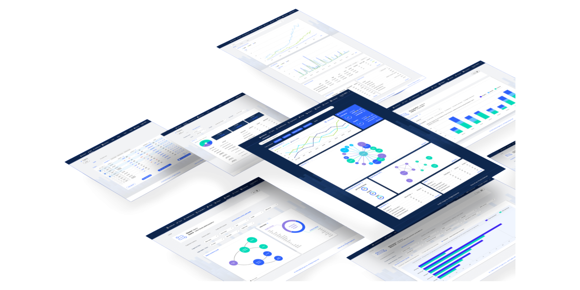Collection of analytics dashboards displaying data visualizations, charts, reports, and network graphs across multiple platform screens.