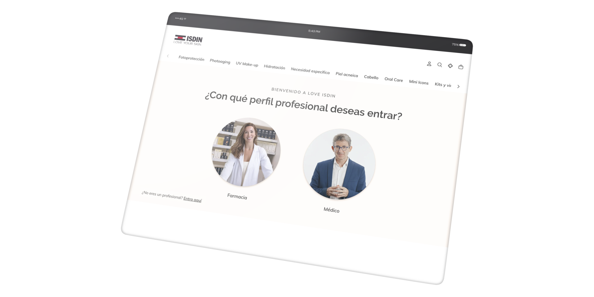 Tablet view of the Love ISDIN website showing the professional profile selection page for pharmacists and doctors.