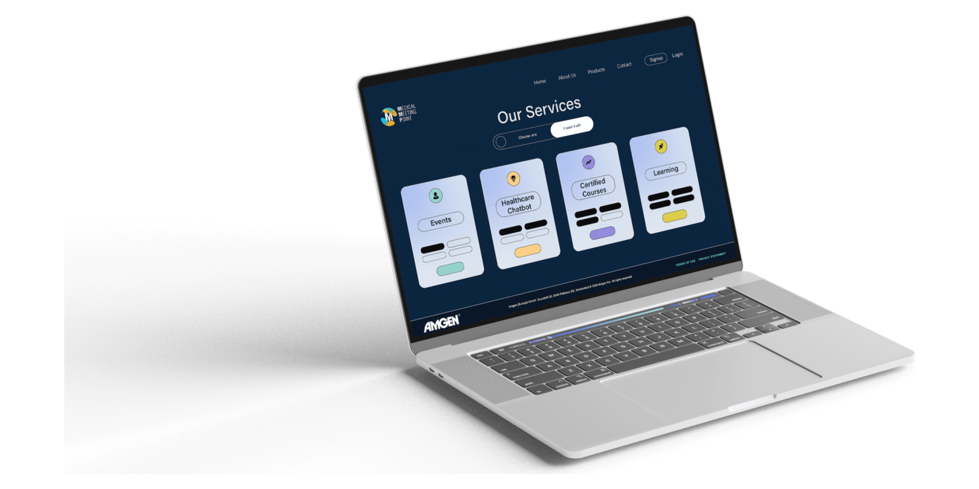 Laptop displaying the Medical Meeting Point platform with healthcare services including events, chatbot, certified courses, and learning resources.